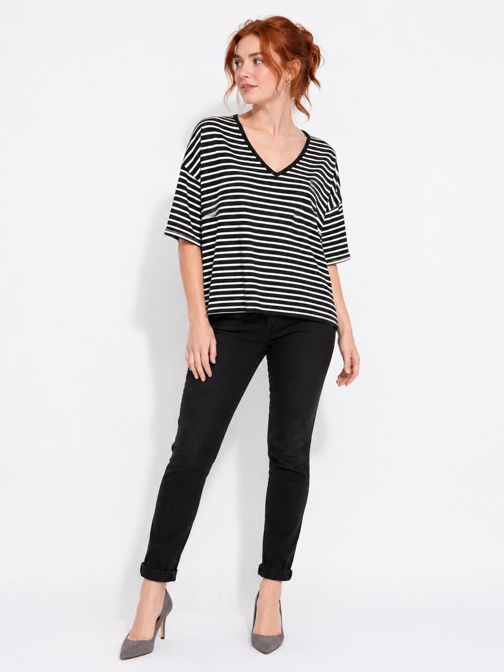 J207 Womens 2XL Black White Striped V Neck Oversized Short Sleeve Top